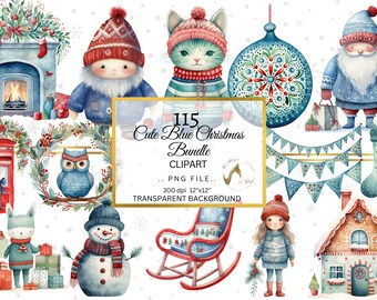 Blue Christmas Clipart PNG Bundle, Watercolor Winter Holiday (Digital Download)