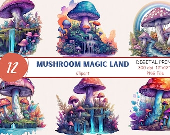 Rainbow Mushroom Clipart, Enchanted Forest PNG, Digital Prints (Commercial Use)
