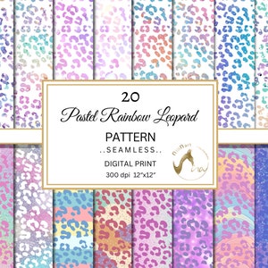 Puede incluir: 20 patrones digitales sin costuras con diseños de estampado de leopardo arcoíris pastel. Cada patrón mide 12 pulgadas por 12 pulgadas y 300 dpi.