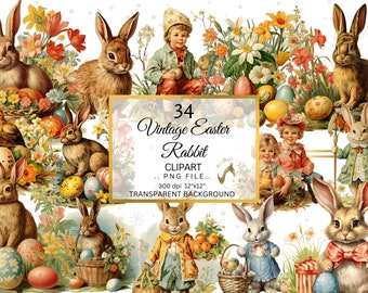 Vintage Easter Rabbit Clipart Bundle, Floral Nursery Art (PNG, Digital Download)