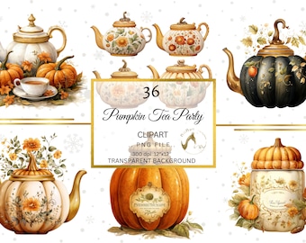 Autumn Teacup Clipart Bundle, Watercolor Pumpkin Tea Party (Digital Download)
