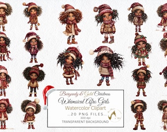 May include: Twenty digital illustrations of Black girls wearing winter clothing and hats. The girls are depicted in various poses and with different expressions. The illustrations are in a watercolor style and have a whimsical feel. The background is transparent.