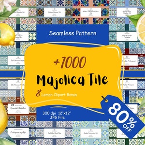 Azulejo Portuguese Tiles Digital Bundle, Spanish Majolica, Mediterranean tiles, Mexican Tiles Blue Digital Paper, Lemons PNG, Commercial Use