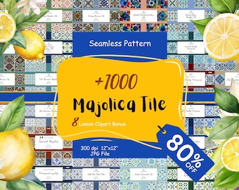 Azulejo Tile Digital Paper Bundle, Majolica, Spanish, Mexican, Lemon PNG (Commercial Use)