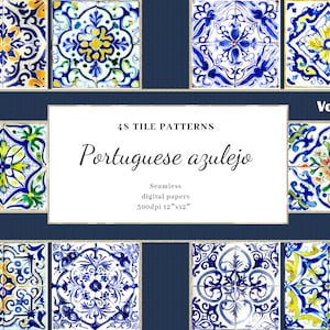 Aged Portuguese Azulejo Ceramic Tiles, Dirty Tile Digital Paper, Timeless Seamless pattern, Blue Yellow Green Azulejo Watercolor Paper