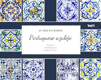 Aged Portuguese Azulejo Ceramic Tiles, Dirty Tile Digital Paper, Timeless Seamless pattern, Blue Yellow Green Azulejo Watercolor Paper