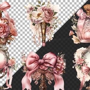 May include: A set of five vintage-inspired decorative elements featuring ornate gold frames, pink roses, and delicate bows. The elements include a perfume bottle, a mirror, a makeup brush, and two decorative frames.