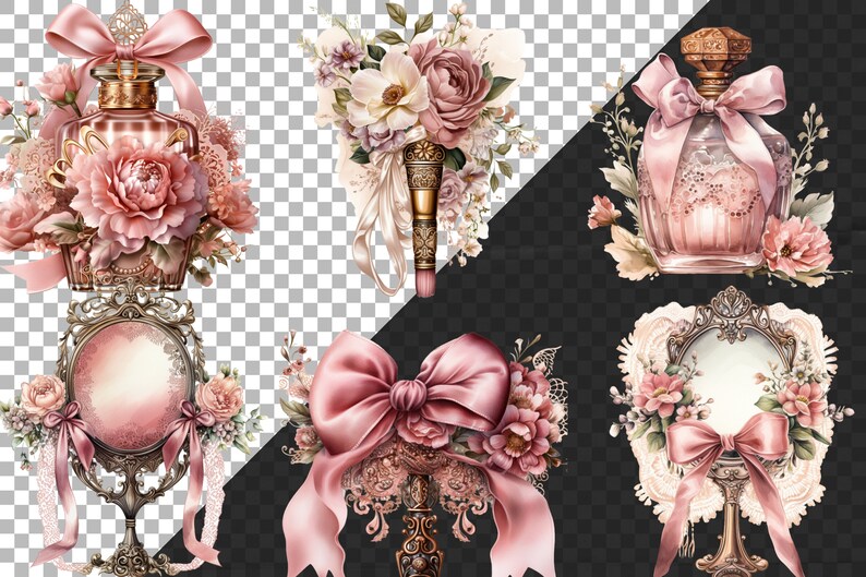 May include: A set of five vintage-inspired decorative elements featuring ornate gold frames, pink roses, and delicate bows. The elements include a perfume bottle, a mirror, a makeup brush, and two decorative frames.