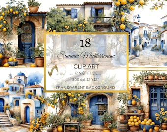 Watercolor Mediterranean Landscape Clipart, Santorini Views, Digital Download PNG, Summertime PNG, Digital prints, Cityscape, Commercial Use