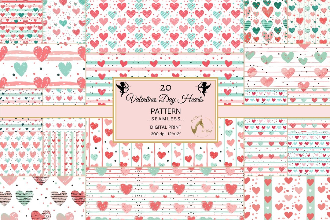 Valentine Hearts Seamless Pattern, Pink Mint Paper (digital Download ...