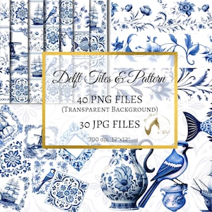 Acuarela Delft Tiles Delft Seamless Patterns Borders and Delft Clipart, Papel de álbum de recortes digital, Paquete de azulejos holandeses transparentes, PNG&JPG