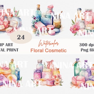 Aquarel cosmetica clipart, kleurrijke spa clipart, vloeibare flessen PNG, shabby chique bloemen spa set, bloemen clipart, commerciële licentie