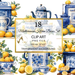 Watercolor Mediterranean kitchen Decor clipart, Lemon Clipart, country kitchen clipart, kitchen Teapots png clip art, scene creator PNG