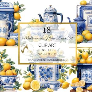 Watercolor Lemon Teapot Clipart, Mediterranean Kitchen PNG (Digital Download)