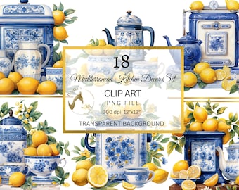 Watercolor Mediterranean kitchen Decor clipart, Lemon Clipart, country kitchen clipart, kitchen Teapots png clip art, scene creator PNG
