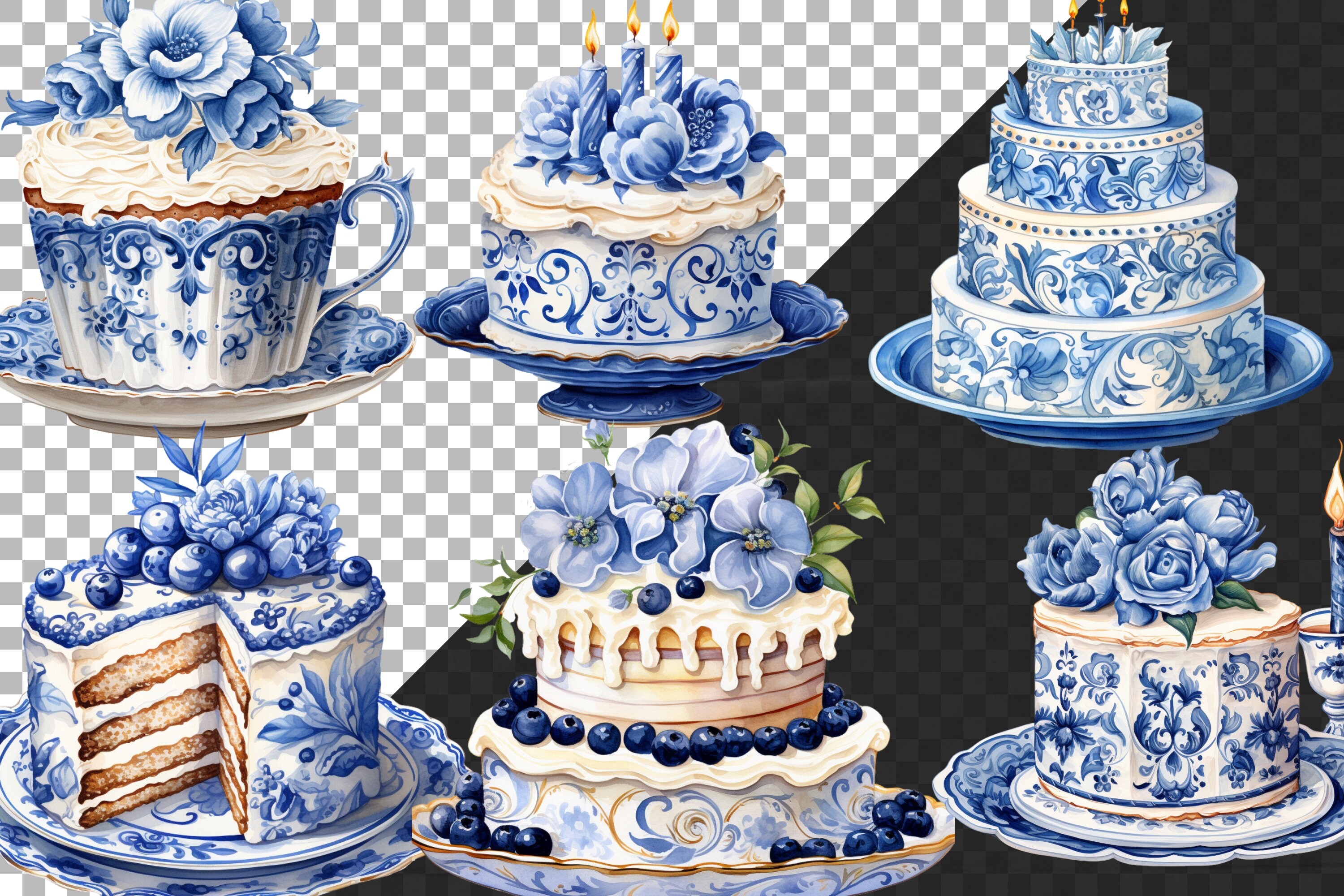 Mediterranean Cake Clipart, Blue Floral PNG Images (digital Download ...