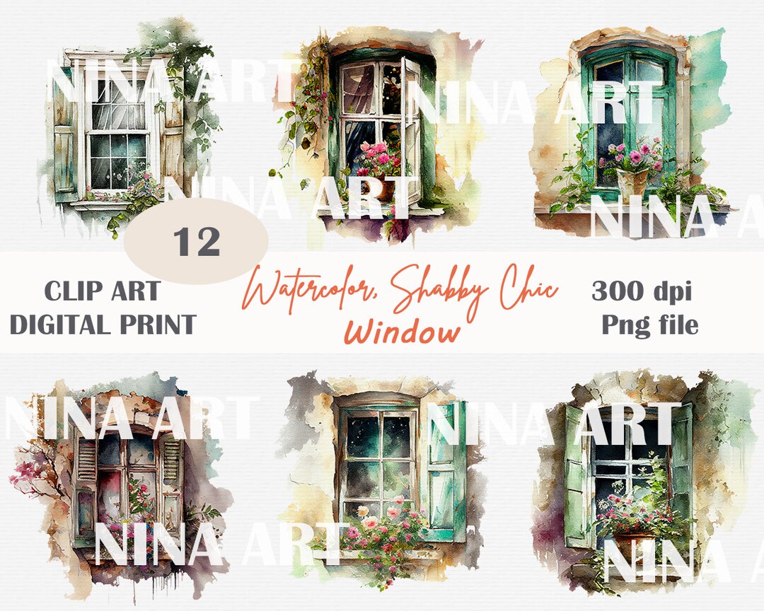 Watercolor Shabby Chic Windows Clipart Shabby Chic Paper Etsy