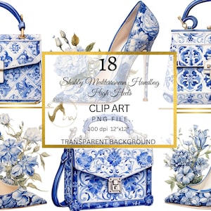 Sacs à main shabby méditerranéens et talons hauts Clipart, Sacs à main Bundle Clip art, Chaussures florales Clipart, Talons hauts PNG, Aquarelle Femmes Sac à main