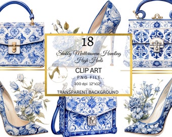 Mediterranean Handbag and Heels Clipart, Floral Watercolor PNG (Digital Download)