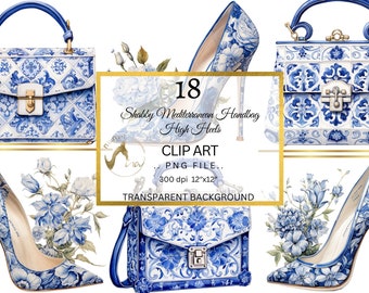 Mediterranean Shabby Handbags and High Heels Clipart, Handbags Bundle Clip art, Floral Shoes Clipart, High Heels PNG, Watercolor Women Purse