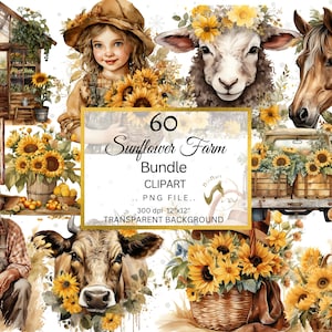 Sunflower Farm Clipart Bundle, Sunflower PNG, Watercolor PNG Digital Download Clipart, Card Making, Paper Craft, Mixed Media, Farmer Clipart
