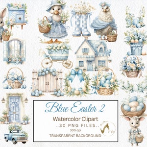 Country Farmhouse Easter Watercolor Clipart PNG Bundle, Easter Illustration, Junk Journal Card, Blue PNG Digital Download, Blue Clipart PNG