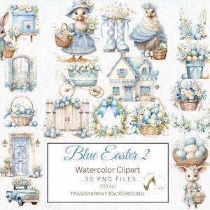 Könnte beinhalten: Aquarell-Cliparts mit Ostermotiven in Blautönen. Enthält ein Kaninchen, ein Entchen, eine Eule, Häuser, Eierkörbe und Blumengestecke. Der Text "Blue Easter 2" ist zu sehen.