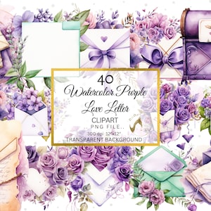 Acuarela Púrpura Amor Sobre PNG Vintage Floral Sobre Clipart, ilustraciones antiguas de San Valentín ilustraciones digitales PNG Fabricación de tarjetas