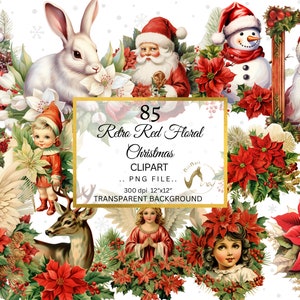 Retro Red Christmas Clipart Bundle, Floral PNG (Digital Download)