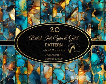 Alcohol Ink Digital Paper, Cyan and Gold, Seamless Pattern (PDF)