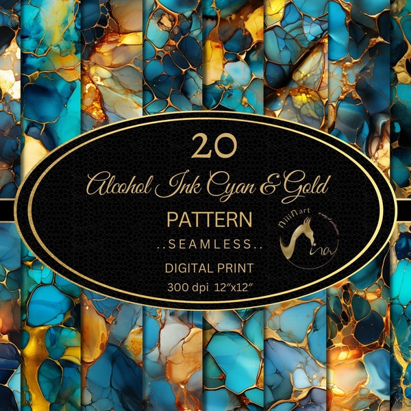 Seamless abstract Digital paper, Abstract Alcohol ink pattern, Abstract paper, Abstract Cyan and Gold Paper, Blue Abstract Paper with Gold