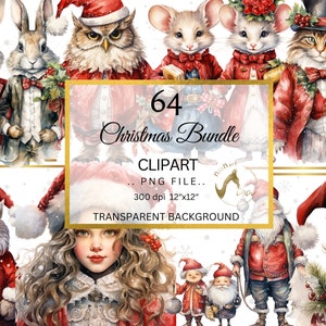 Aquarelle Noël Clipart Bundle, aquarelle Noël animaux PNG, aquarelle Noël Clipart nouvel an PNG Image numérique papier artisanat