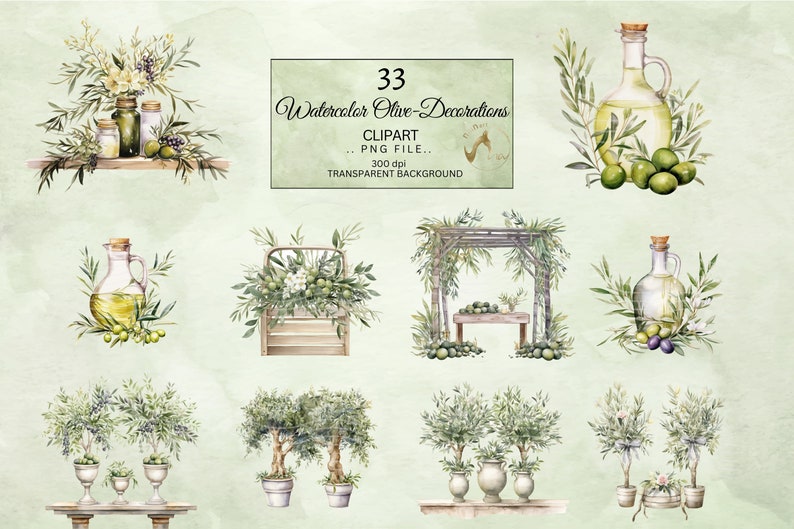 Watercolor Olive Decorations Clipart, Decor clipart, Wedding Clipart, White Candles Clipart, Wedding Centerpiece, White and Green Clipart image 6