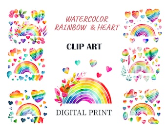 Watercolor Rainbow Hearts Clip Art, Valentine's Day PNG (Digital Download)