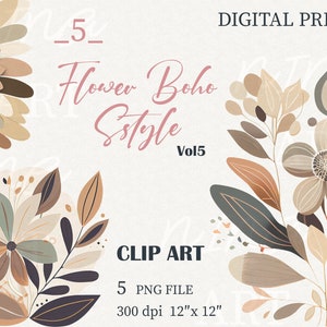 Elegante Boho Flowers Clipart, Boho Bouquet Clipart, Carta digitale Boho, Grafica Boho Bouquet, Boho Floral Clipart, PNG, Colore neutro, Vol5