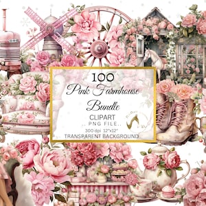 Paquete de imágenes prediseñadas florales de granja rosa acuarela, paquete de imágenes prediseñadas rústico chic, png de granja Shabby Chic, decoraciones de granja acogedoras, scrapbooking
