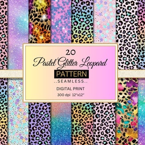 Può includere: 20 motivi digitali senza cuciture con stampa leopardata glitterata pastello. Ogni motivo misura 12 pollici per 12 pollici e 300 dpi.