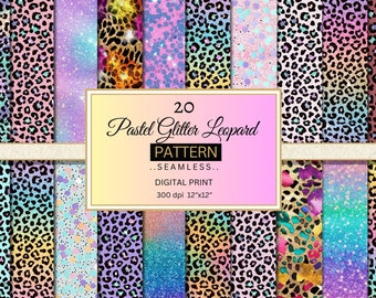 Pastel Glitter Leopard Digital Paper, Seamless Rainbow Pastel Leopard backgrounds Colorful Agate Cheetah Skin, Colorful Vibrant Animal Skins