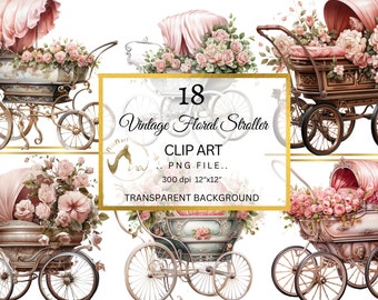 Vintage Stroller Clipart, Watercolor Baby Pram PNG (Digital Download)