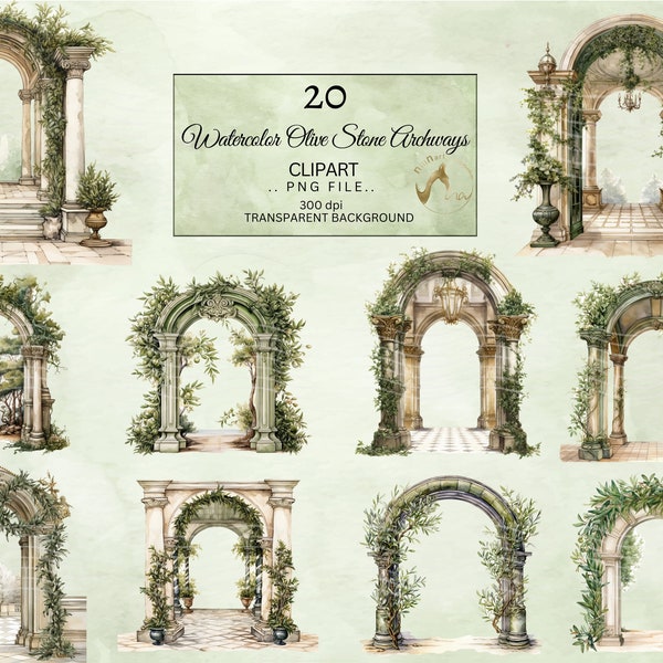Watercolor Stone Archway Clipart, Arches Clipart, Green Arches, transparent background, Olive Decorated Arches, Stone Arches Clip art