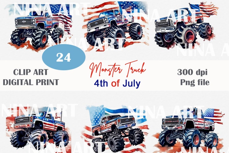 Monster Truck USA Flag Clipart, Sublimation Designs (PNG) Etsy