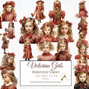Pacchetto di clipart dell'acquerello della bambina vittoriana PNG rosso vintage ragazza arte carta grafica lavorazione carta spazzatura diario pagine scrapbook download