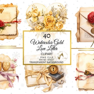 Op de afbeelding: Waterverf clipart set met vintage liefdesbrieven, rozen, sleutels en bloemstukken in hartvorm. De tekst luidt "40 Watercolor Gold Love Letter Clipart". De afbeeldingen hebben een transparante achtergrond.