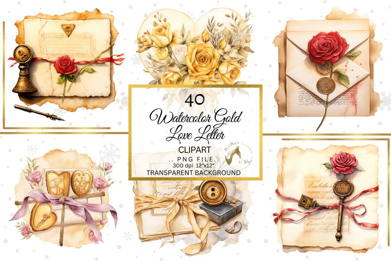 Op de afbeelding: Waterverf clipart set met vintage liefdesbrieven, rozen, sleutels en bloemstukken in hartvorm. De tekst luidt "40 Watercolor Gold Love Letter Clipart". De afbeeldingen hebben een transparante achtergrond.