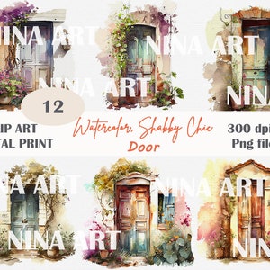 Watercolor Shabby Chic Doors Clipart, Shabby Chic Paper, Vintage Floral Doors Clipart, Shabby Door Clipart, Flower Doors for Commercial use