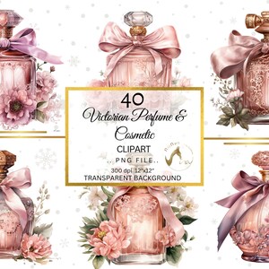 May include: Set of 40 digital clip art images of Victorian-style perfume bottles with pink and gold accents. The bottles are decorated with bows, flowers, and intricate details. The images have a transparent background.