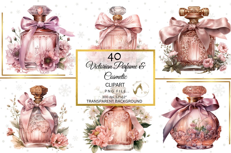 May include: Set of 40 digital clip art images of Victorian-style perfume bottles with pink and gold accents. The bottles are decorated with bows, flowers, and intricate details. The images have a transparent background.