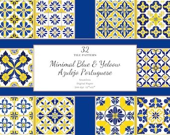 Azulejo Portuguese Tile Digital Paper, Blue Yellow Mosaic (JPG)