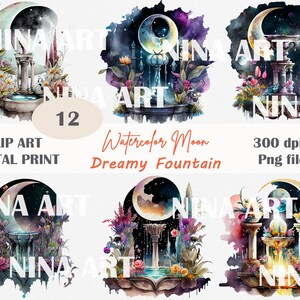 Watercolor Dreamy Fountains Moon Floral Clipart, Night Time PNG, Park Fountain No Background, No Backdrop Collage, High Res, Commercial Use