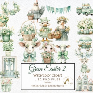 Country Farmhouse Páscoa aquarela clipart pacote PNG, ilustração de Páscoa, cartão de diário de lixo, download digital azul PNG, clipart verde PNG